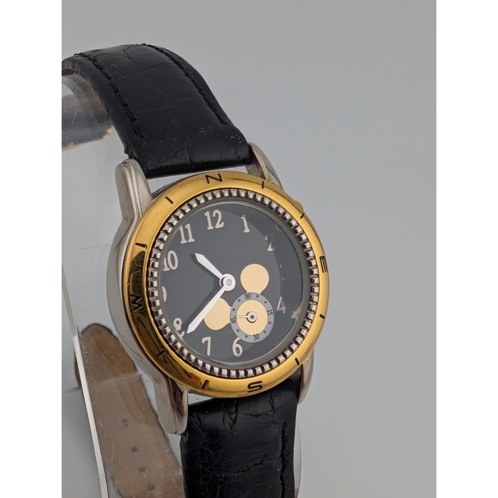 Disney Time Works Mickey Mouse Watch Women Black‎ Leather Band- New Battery